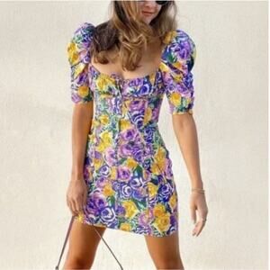 Zara Purple/Yellow/Blue Floral Corset Style Puff Sleeve Mini Dress Small NWT
